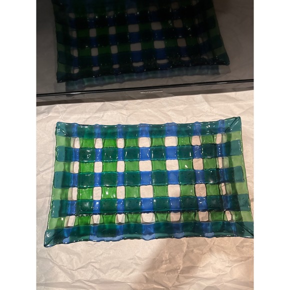 Handmade Other - Handmade Fused Glass Woven Lattice Platter Green Blue Plaid Decorative Tray 14"